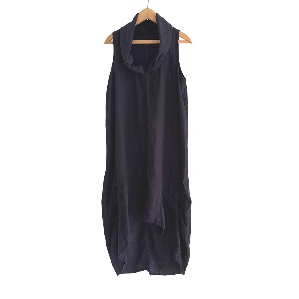 For Cynthia Navy Blue Linen Cowl Neck High Low Tulip Hem Dress L Largenlook